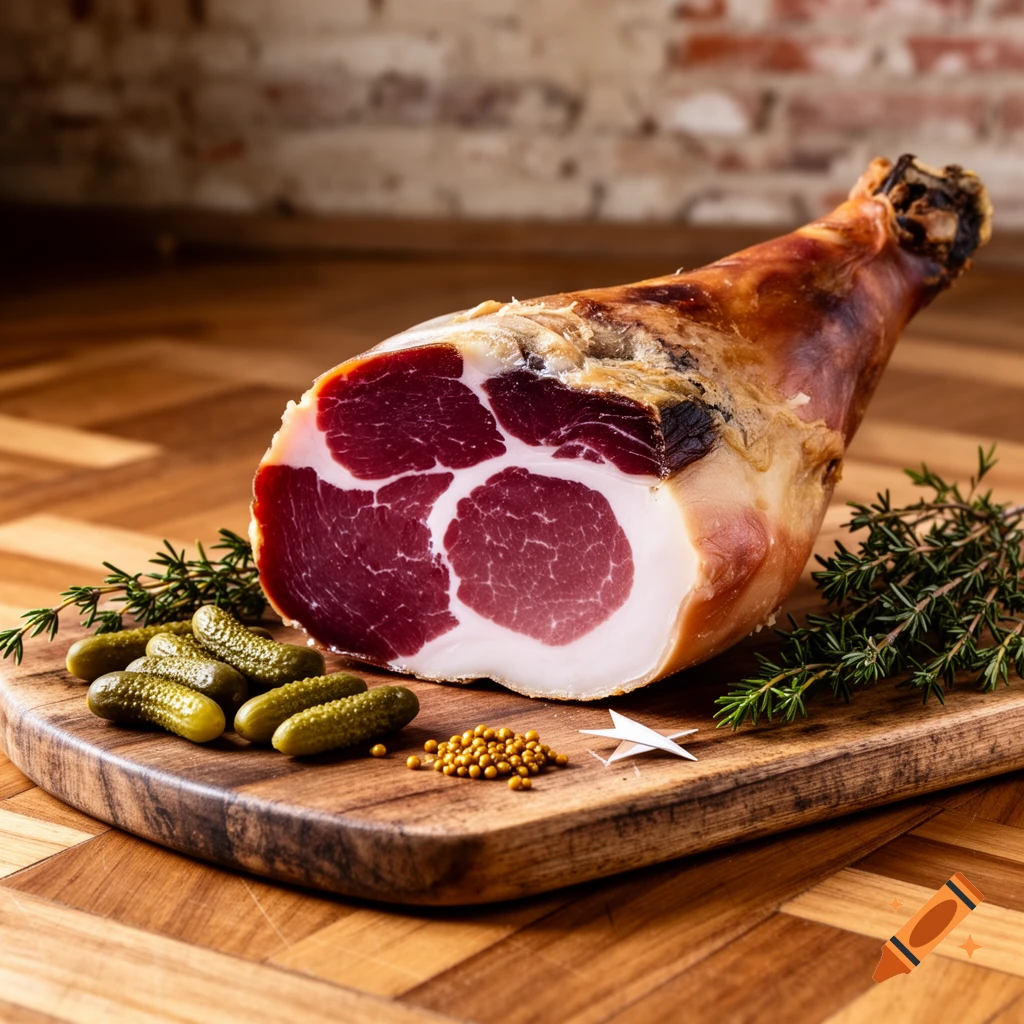 Photorealistic cured ham, partially sliced, on a wooden board with gherkins, mustard seeds, and herbs.