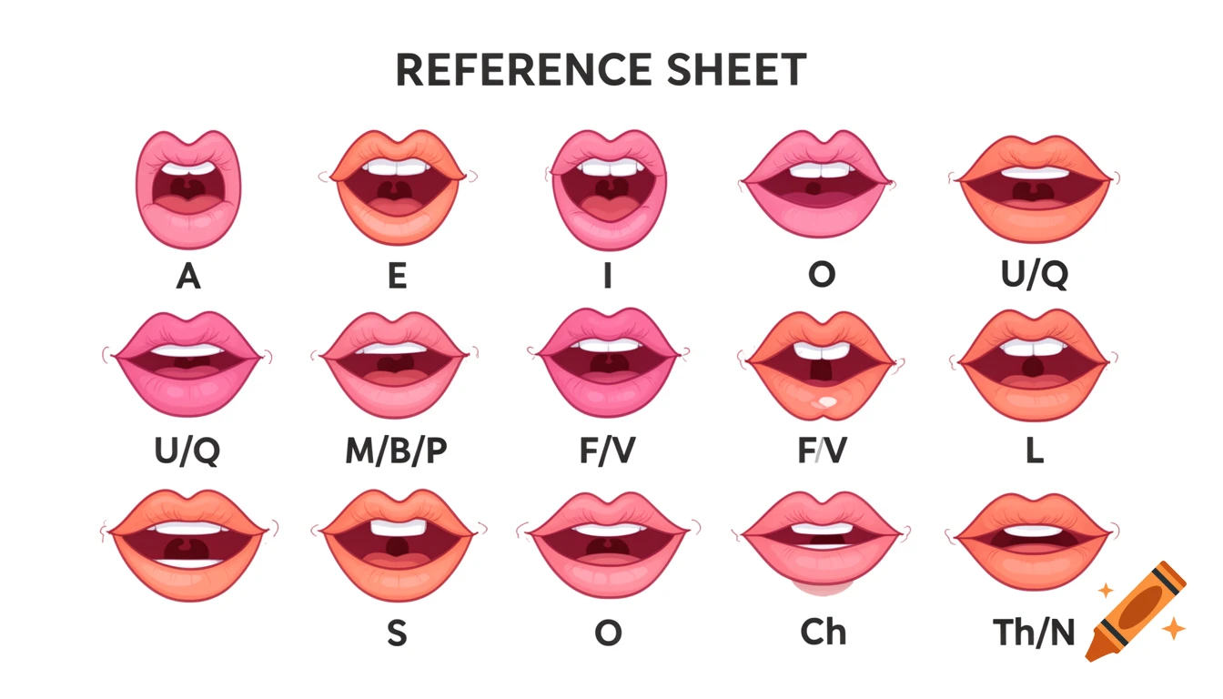 A reference sheet illustrating 15 cartoon female lips in various shapes representing different viseme sounds like A, E, I, O, U/Q, M/B/P, F/V, L, S, Ch, and Th/N.