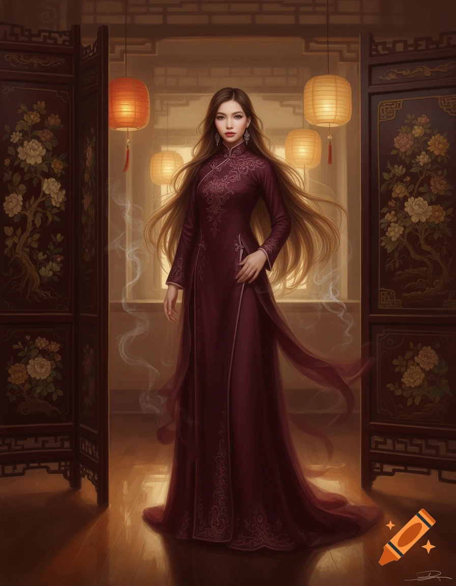 A realistic digital painting of a woman with long hair in a cabernet Mandarin dress, standing in an ornate room with paper lanterns.