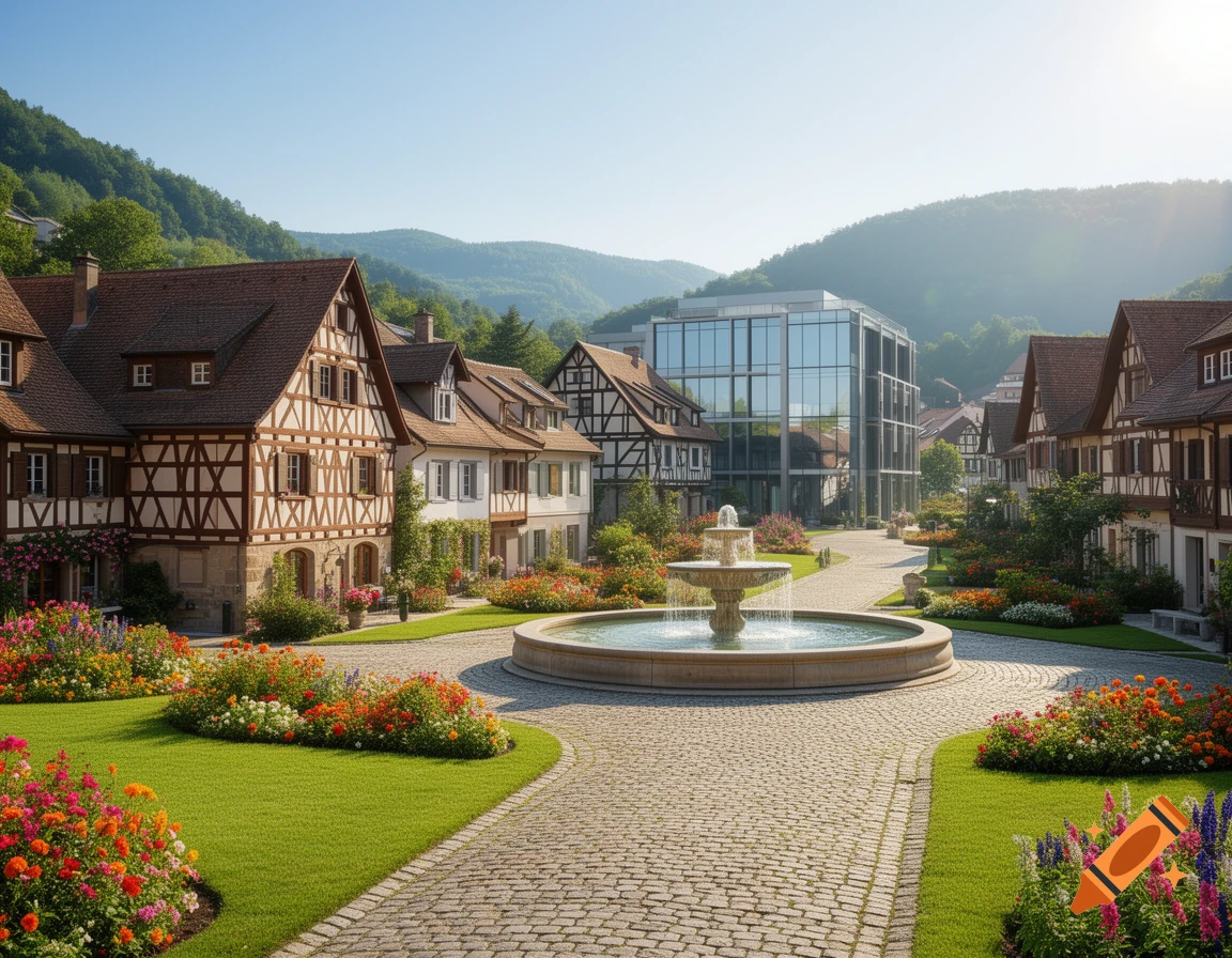 A beautiful village scene with traditional houses, a modern glass building, a fountain, cobblestone paths, and vibrant flower gardens under a clear sky.