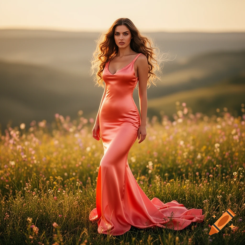 A woman with long, curly hair in a peach-colored silk gown stands in a field of wildflowers at sunset.