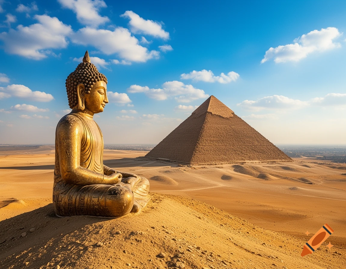 A golden Buddha statue meditates on a sand dune with the Great Pyramid of Giza in the desert background under a blue sky.