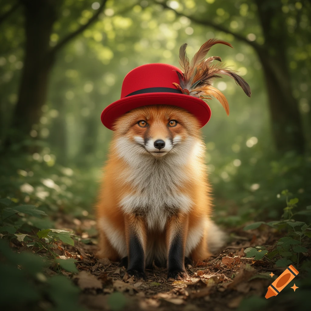 A cute fox wearing a red hat with feathers, sitting in a forest.