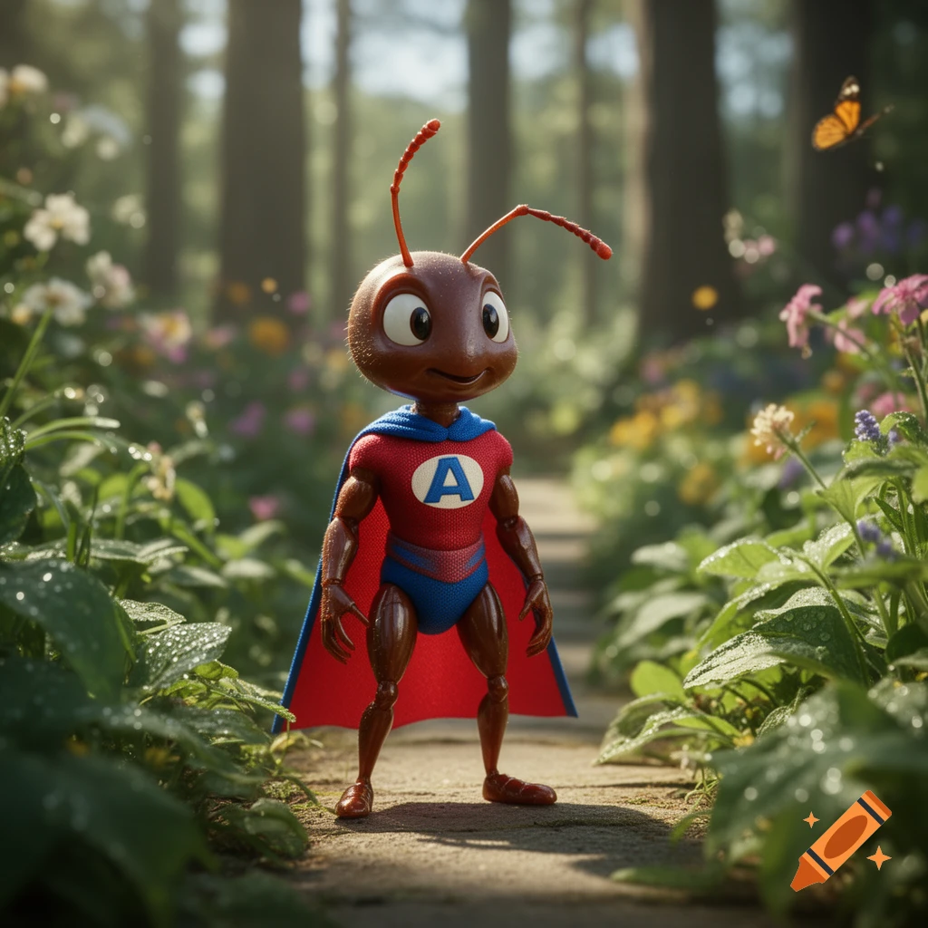 A photorealistic ant superhero with a red and blue costume, a blue cape, and an 'A' on its chest stands on a forest path with flowers and a butterfly.