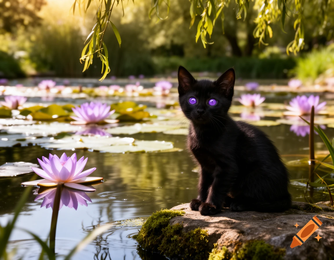 A black kitten with glowing purple eyes sits on a mossy rock beside a pond with purple water lilies under a sunny sky.