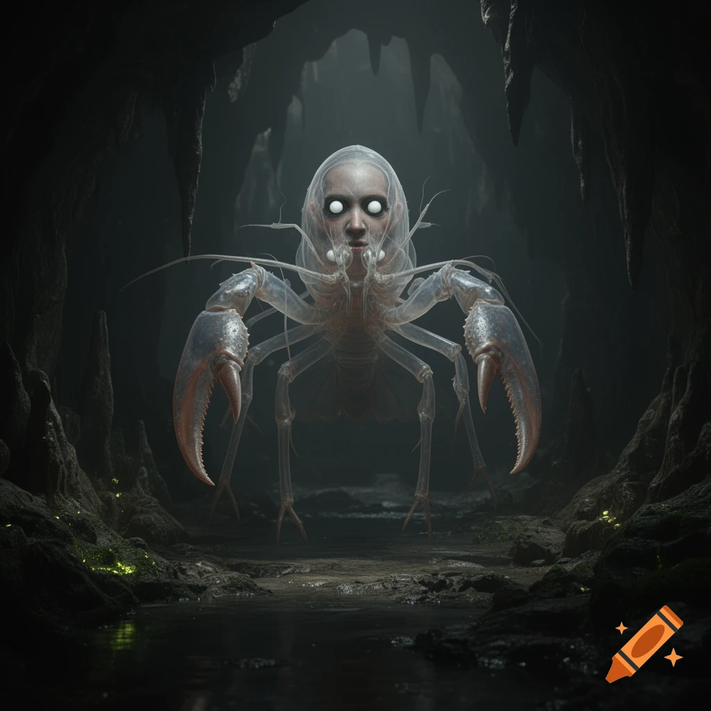 A menacing, translucent human-crayfish hybrid creature with milky white eyes stands in a dark, wet cave with glowing green moss.