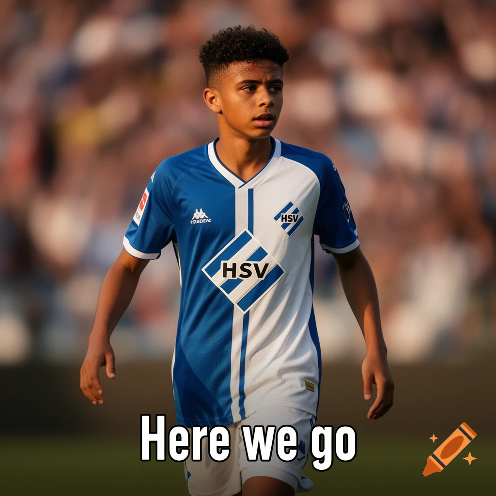 A young male soccer player in a blue and white HSV jersey stands on a field, with 'Here we go' text at the bottom. Photorealistic.