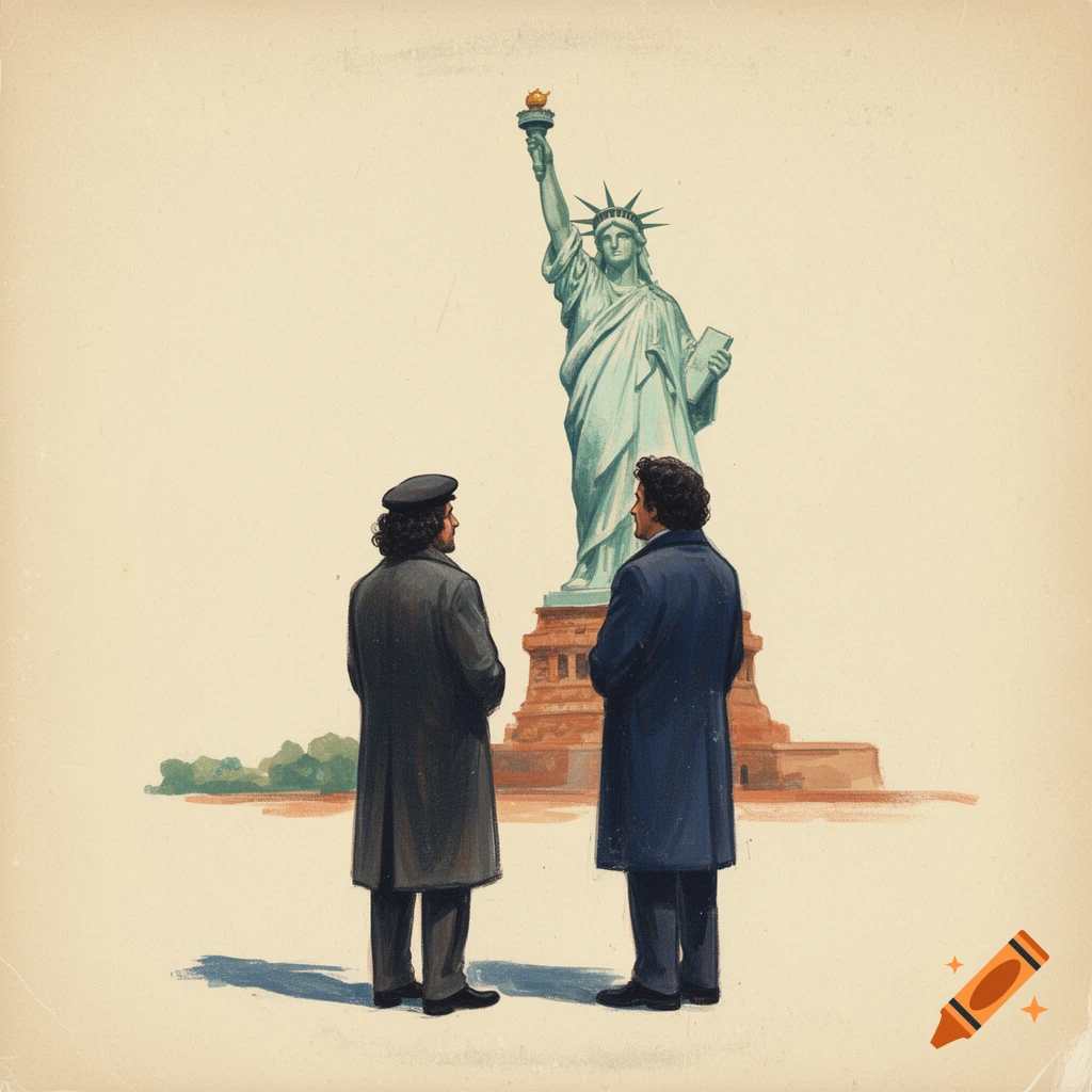 A vintage illustration shows two men in long coats looking at the Statue of Liberty.