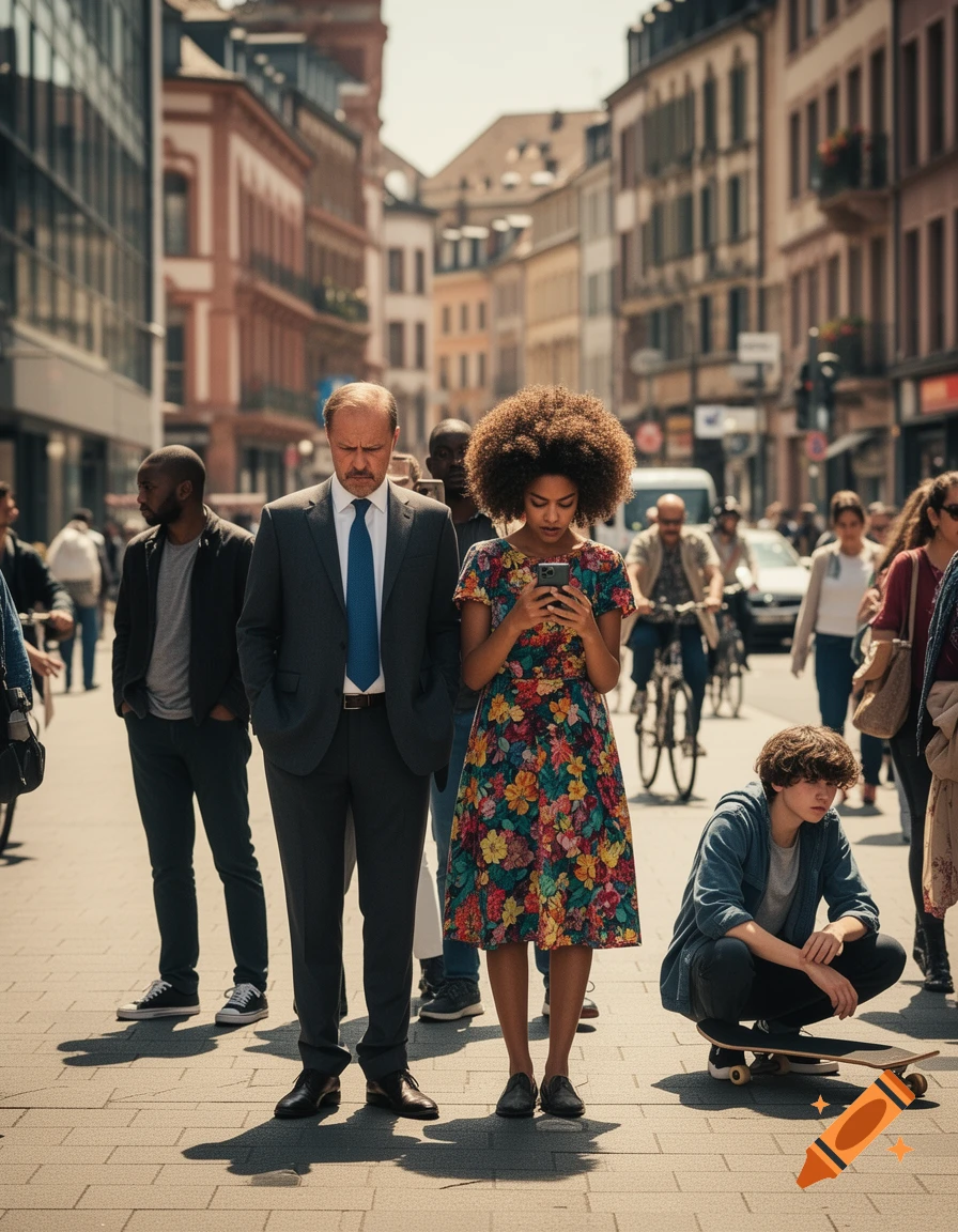 Photorealistic image of diverse people on a bustling city street, with a man in a suit, a woman on her phone, and a boy on a skateboard.