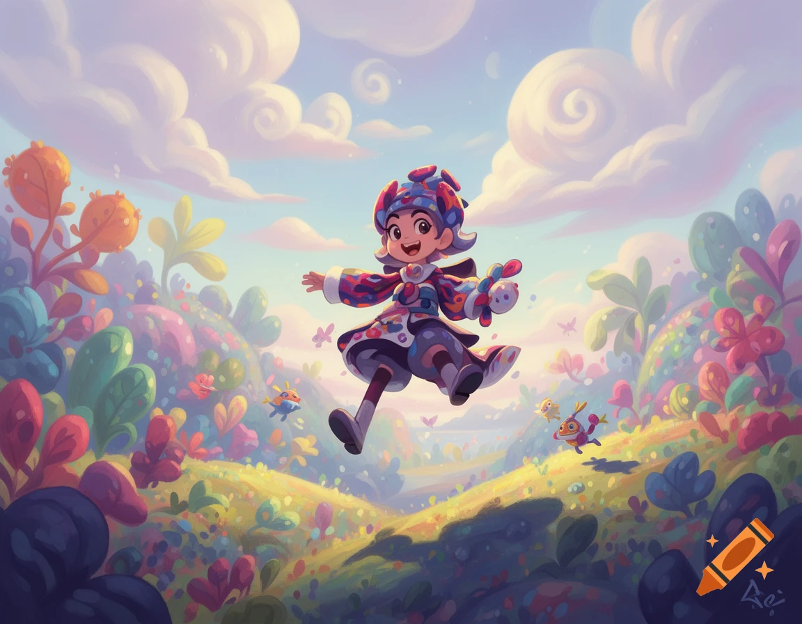 A smiling cartoon child with a colorful patterned outfit jumps joyfully in a vibrant, whimsical landscape with fantastical plants and clouds.