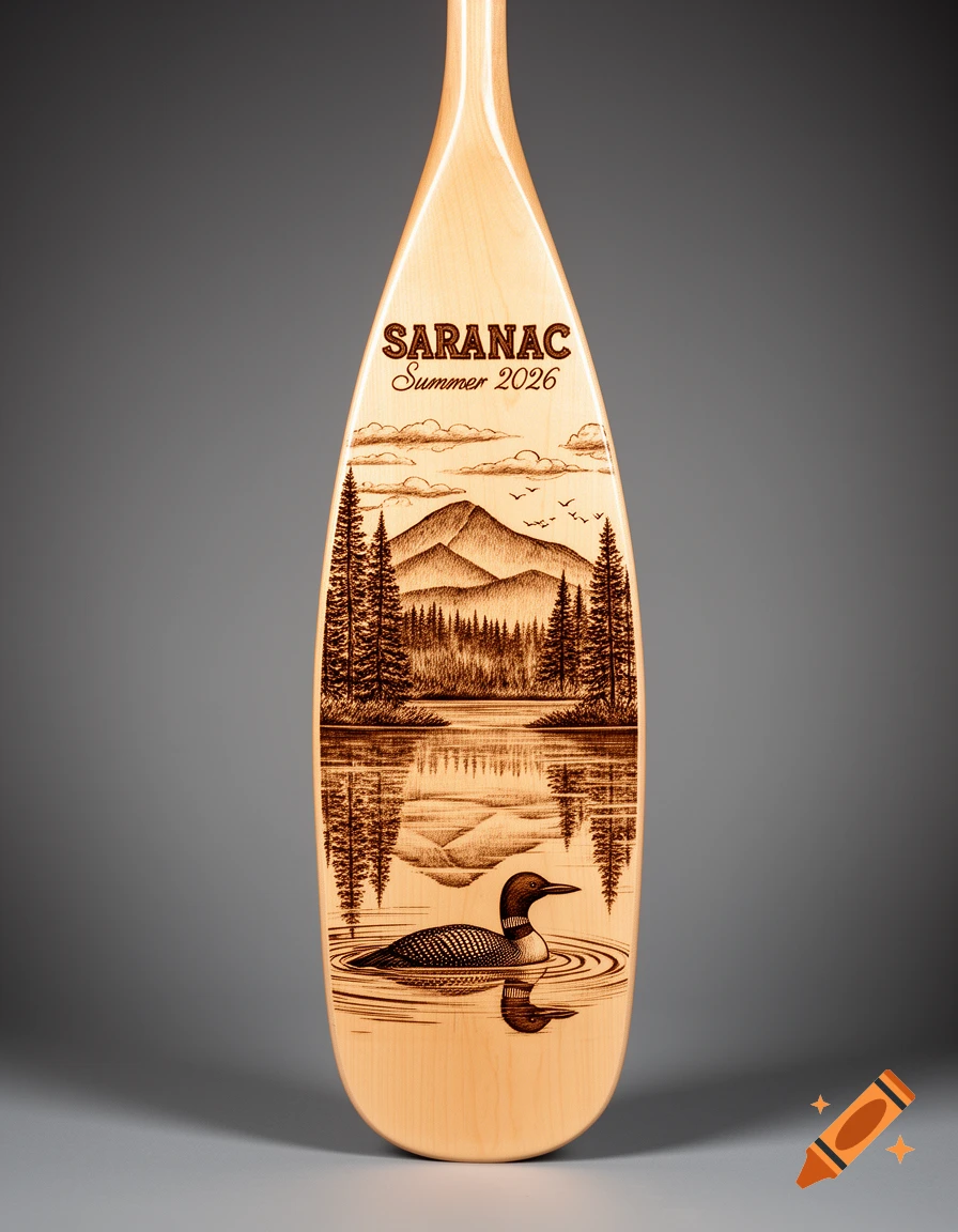 Handcrafted wooden canoe paddle with pyrography art depicting an Adirondack landscape: mountains, pines, lake, loon, and text 'SARANAC Summer 2026'.