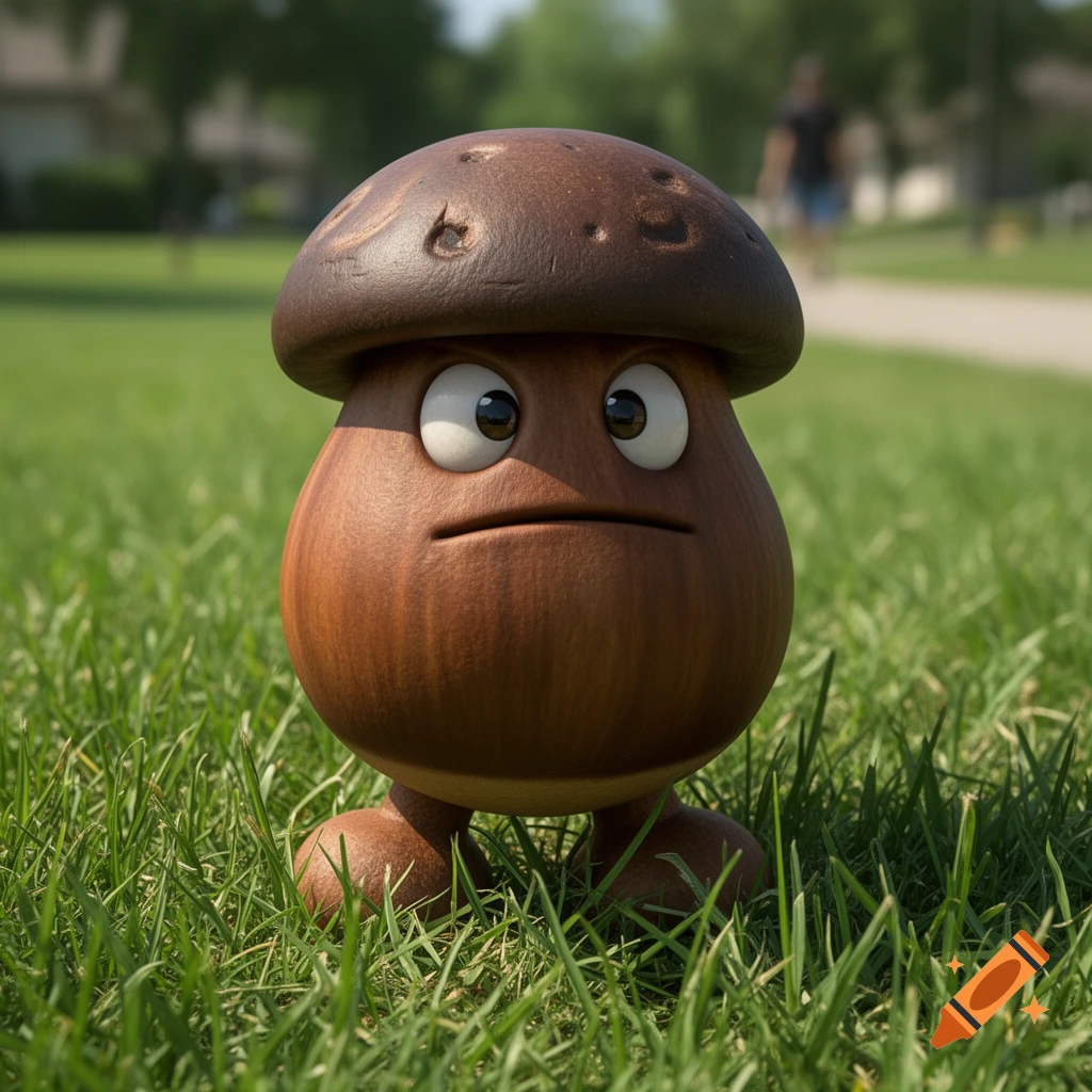 A realistic 3D rendered mushroom character with big eyes and a frowning mouth stands in green grass with a blurred background.