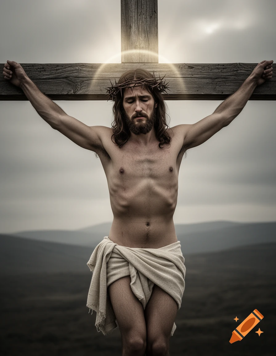 Photorealistic depiction of Jesus Christ on a wooden crucifix, wearing a crown of thorns and a loincloth, under a cloudy sky.