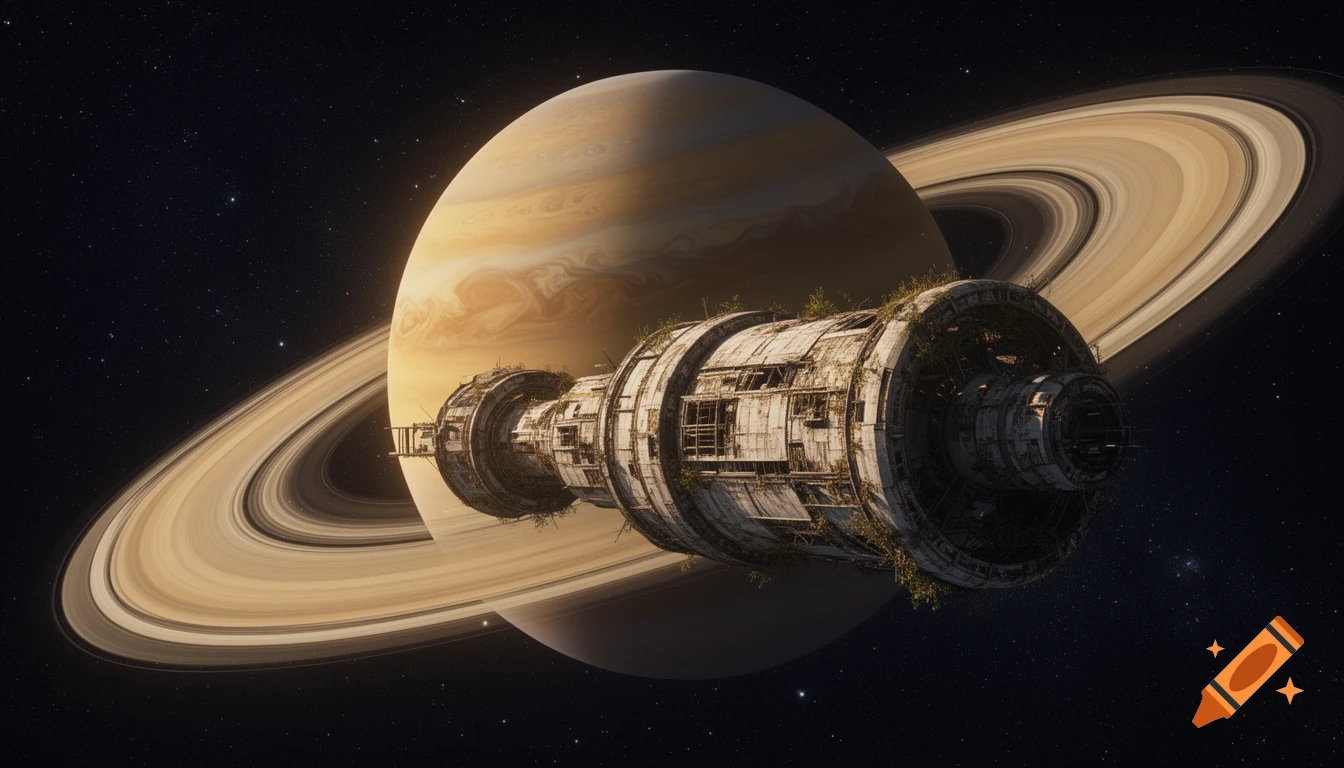 An overgrown, derelict space station orbits in front of the planet Saturn and its rings in deep space.