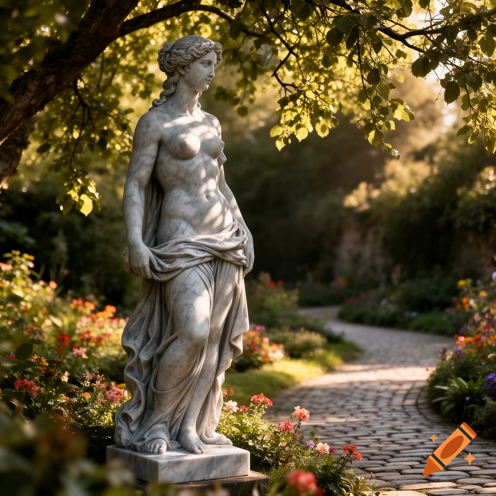 A marble statue of a classical female figure, partially draped, stands in a lush garden with a cobblestone path and flowering plants, bathed in soft sunlight.