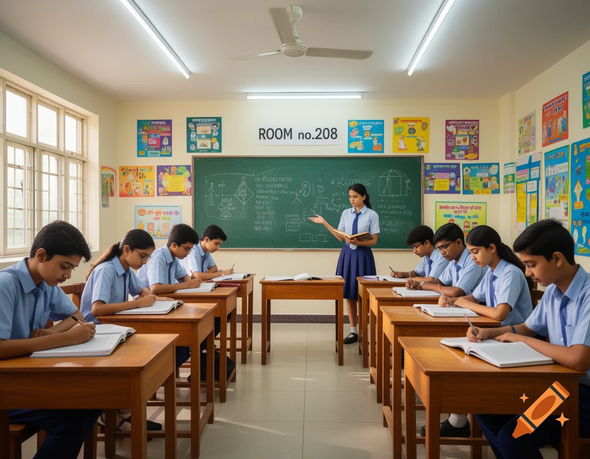 A photorealistic image of students in a bright classroom, with one student standing at a blackboard and others seated at wooden desks.