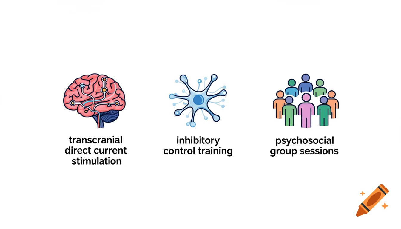 Three scientific icons: a brain for transcranial direct current stimulation, a neuron for inhibitory control training, and people for group sessions, on a white background in a simple graphic style.