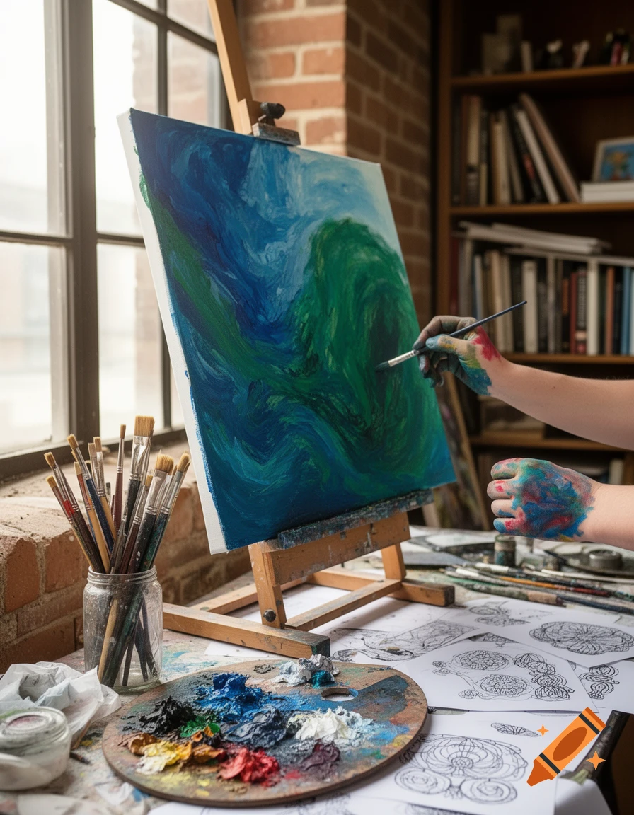 An artist's paint-covered hand creates an abstract blue and green painting on a canvas in a studio filled with art supplies.