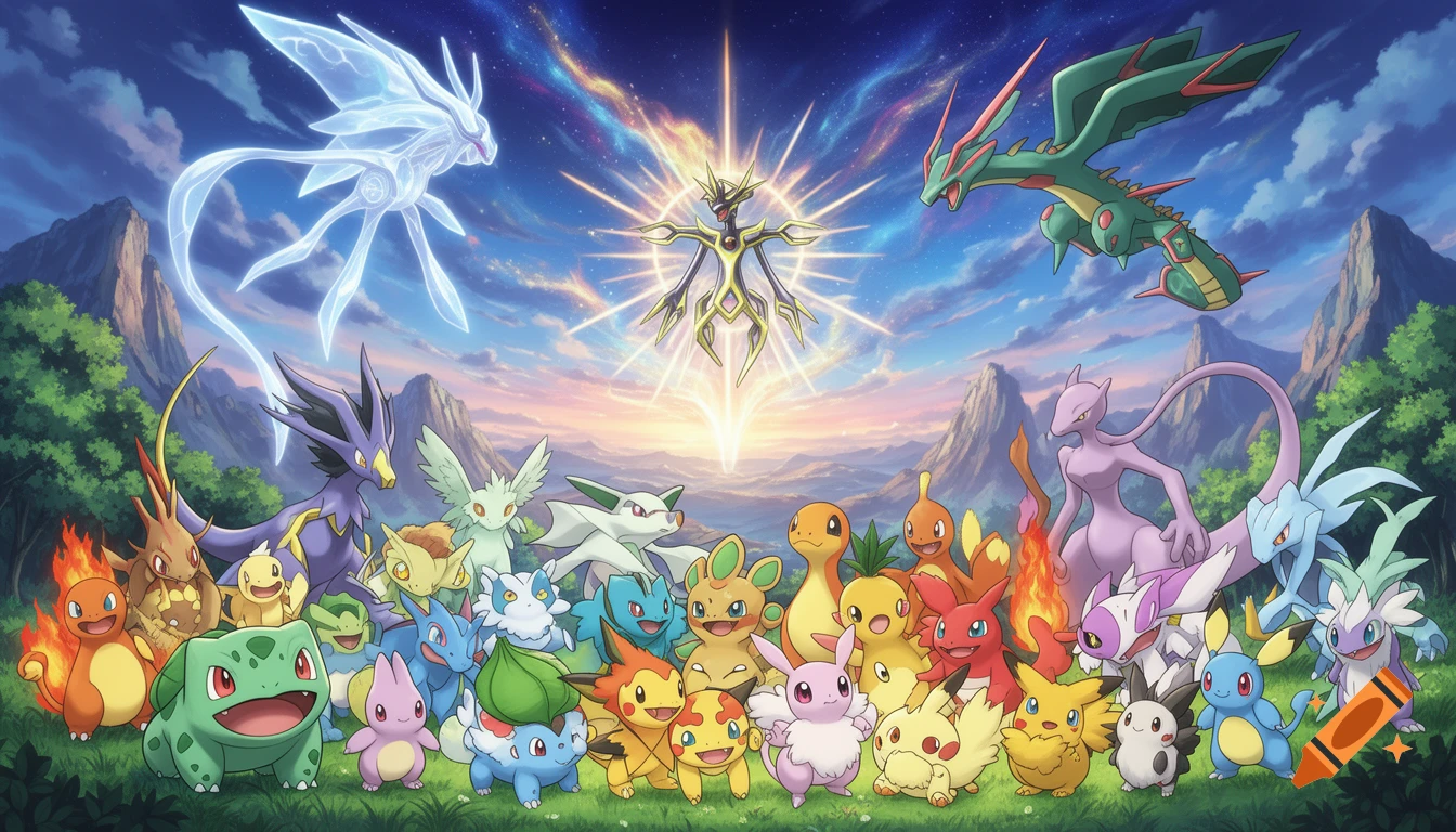 A vibrant illustration of numerous Pokemon starters and legendary Pokemon gathered on a grassy hill with mountains and a cosmic sky.
