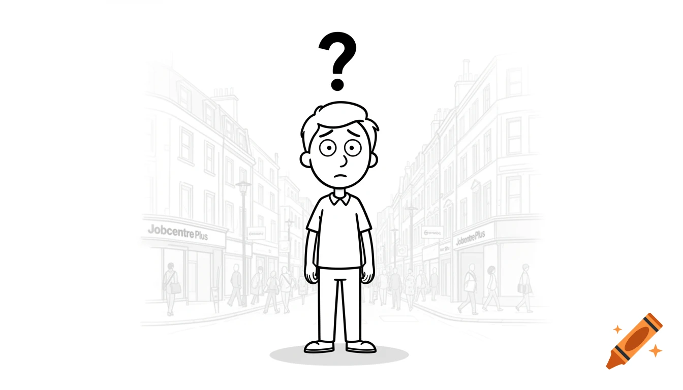 Confused man with a question mark over his head, standing on a city street with Jobcentre Plus buildings in a simple line art style.