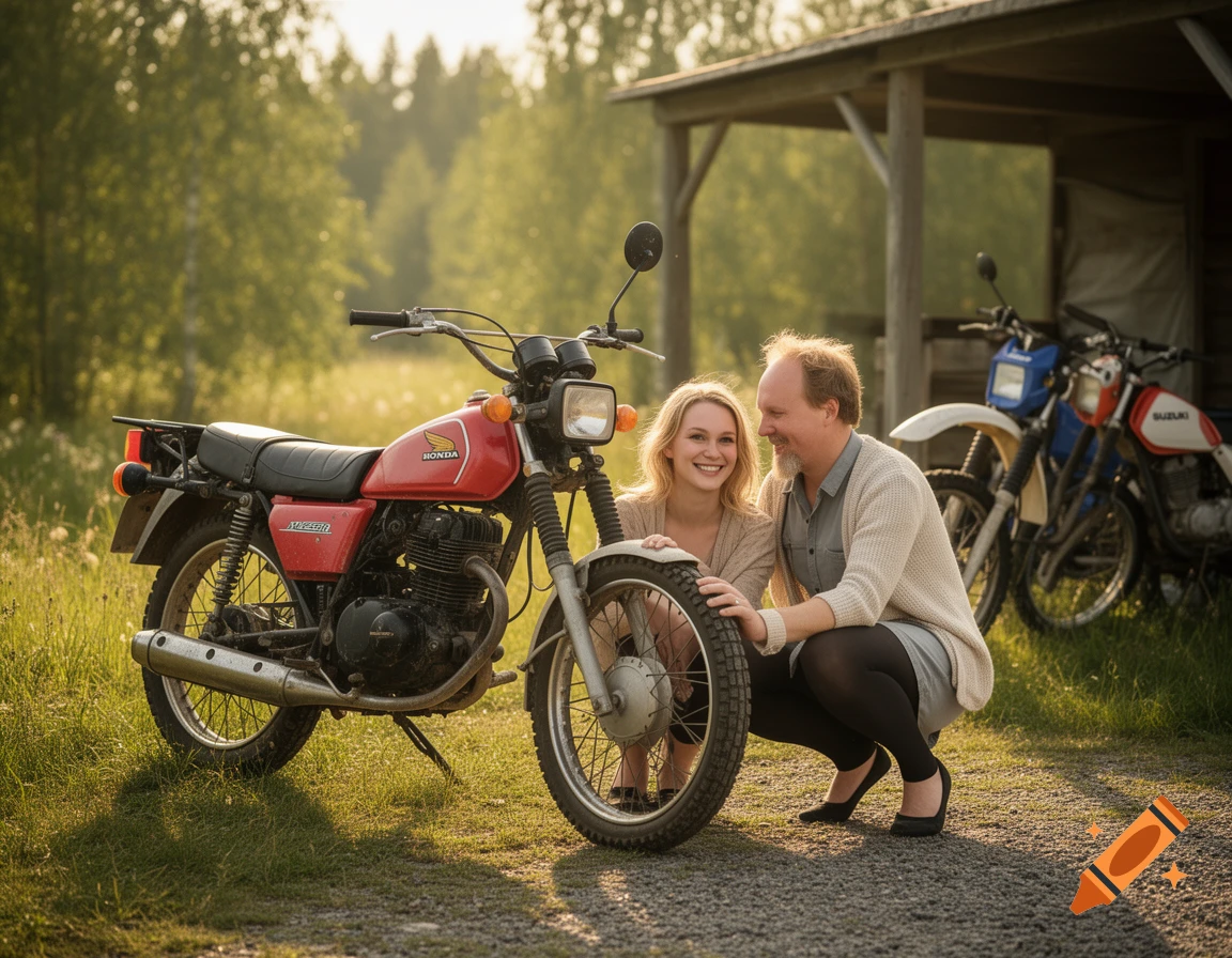 A smiling woman and man crouch next to a red vintage Honda motorcycle in a sunny, green countryside.