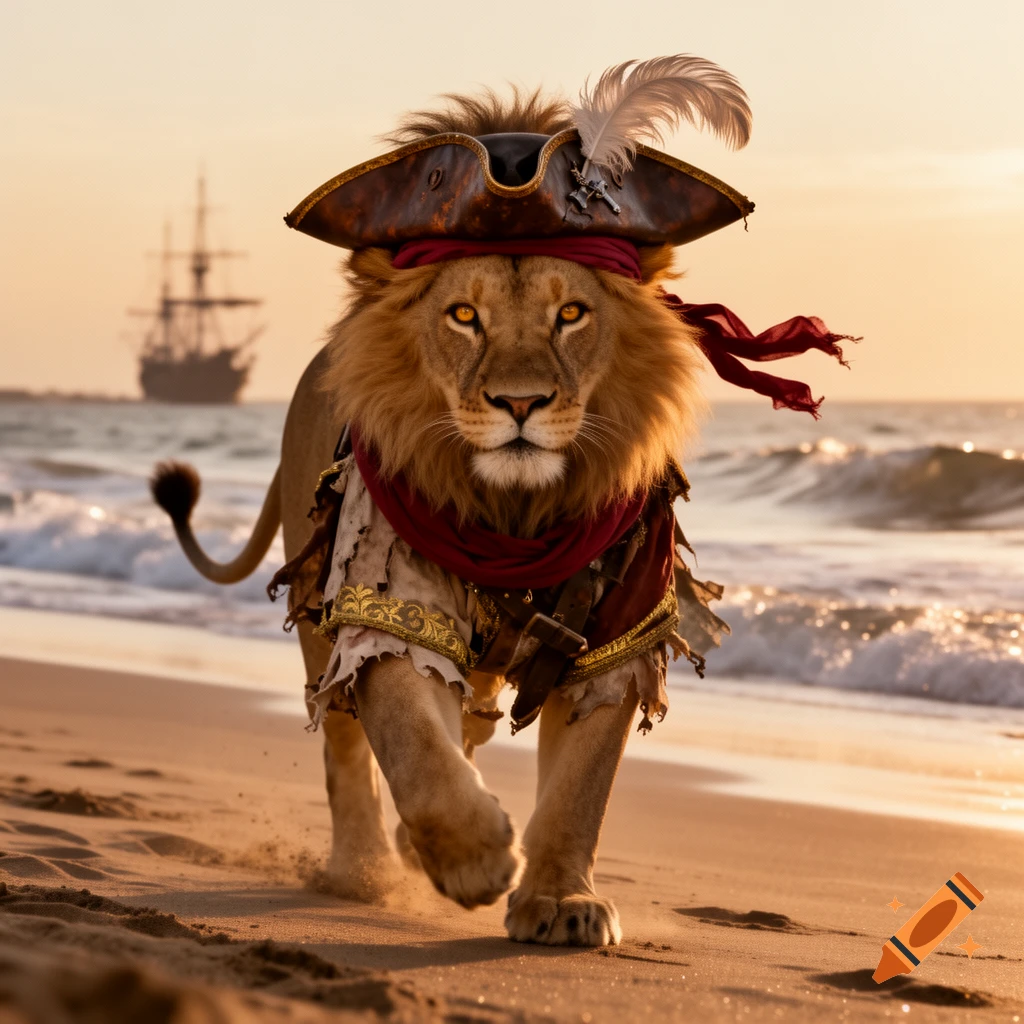 A majestic photorealistic lion dressed as a pirate walks on a sandy beach at sunset, with a tall ship in the background.