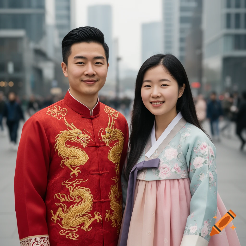 A man in a red Chinese traditional outfit and a woman in a light blue and pink Korean hanbok smile in an urban setting.