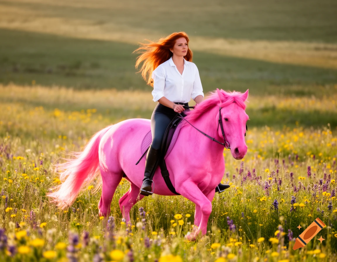 Red-haired woman riding a vibrant pink horse through a sunlit field of yellow and purple wildflowers, photorealistic style.