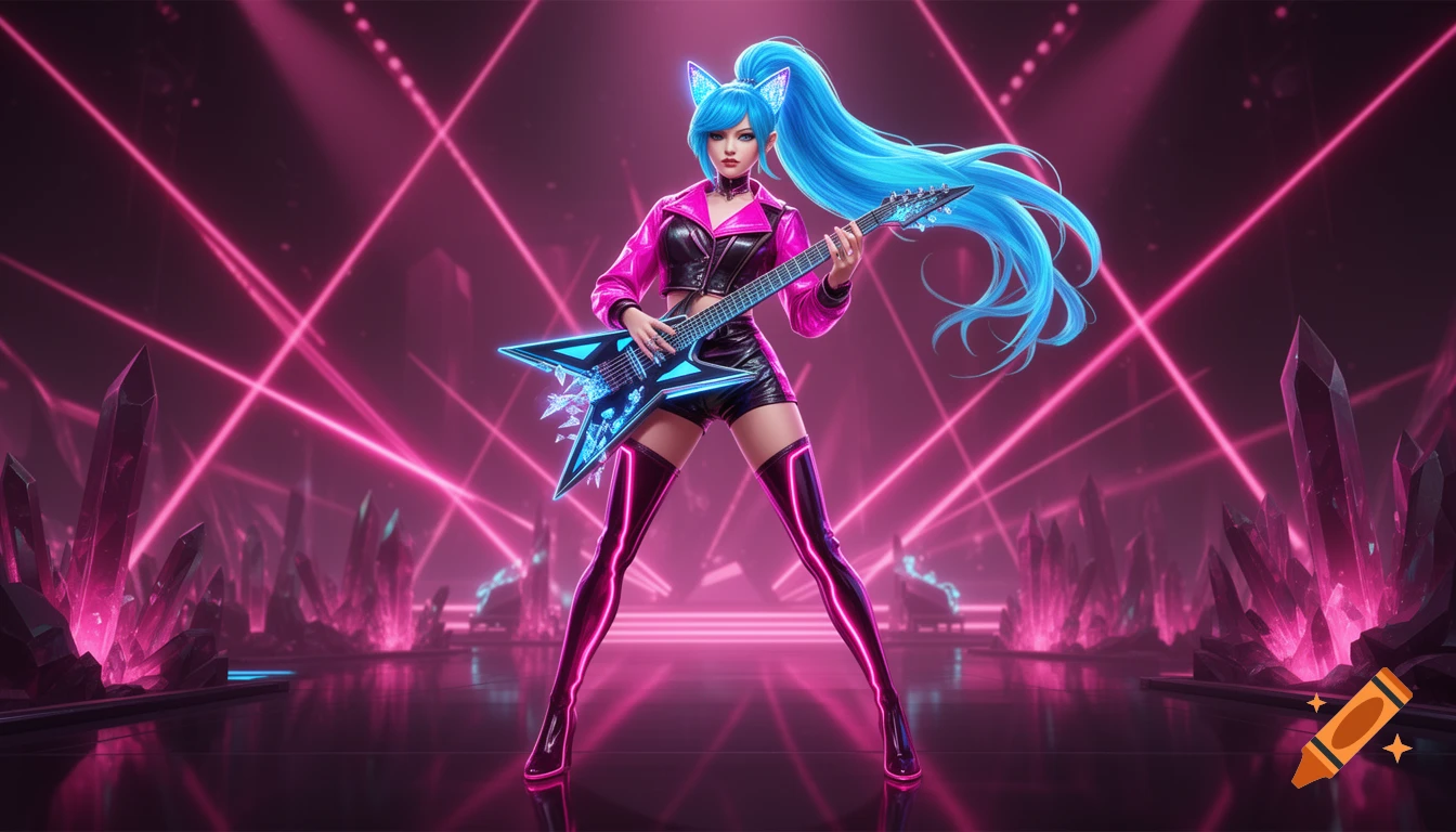 A vibrant K-pop idol with neon blue hair and cat ears plays a glowing futuristic guitar on a dark stage with pink lasers and crystals.