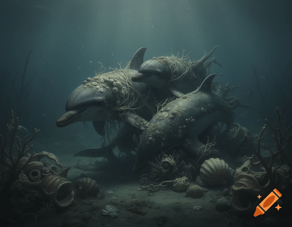 Two decomposing, barnacle-covered dolphins intertwined with biomorphic coral and shells on a dark ocean floor.