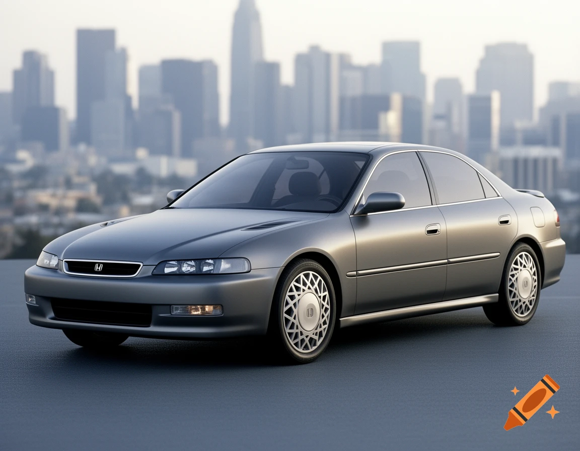 A matte gray 1994 Honda sedan with design cues from the Sony PS1, parked in front of a blurry cityscape under a bright sky.