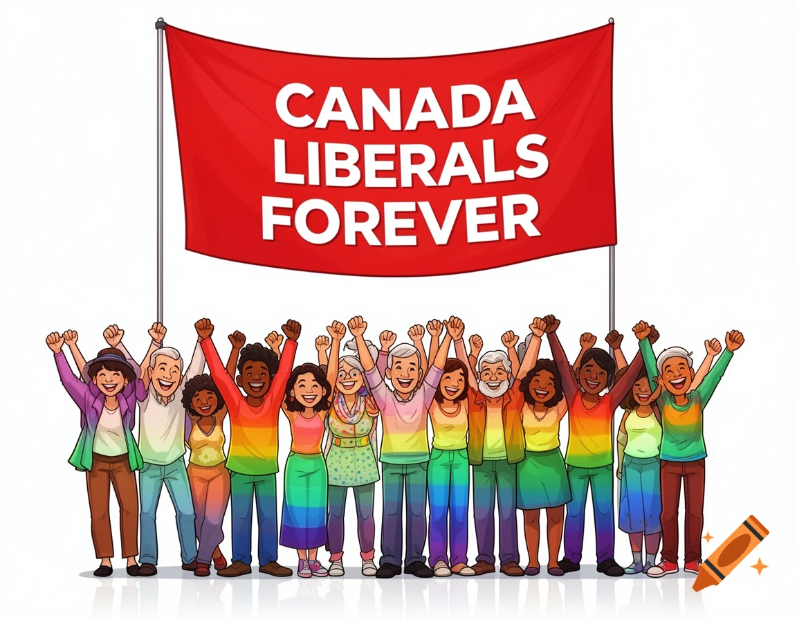 Colorful cartoon of diverse people celebrating with raised fists under a red banner reading "CANADA LIBERALS FOREVER".