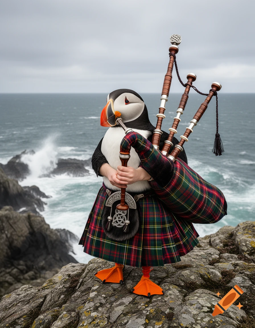 A puffin wearing a tartan kilt plays bagpipes on a rocky cliff overlooking a stormy sea.