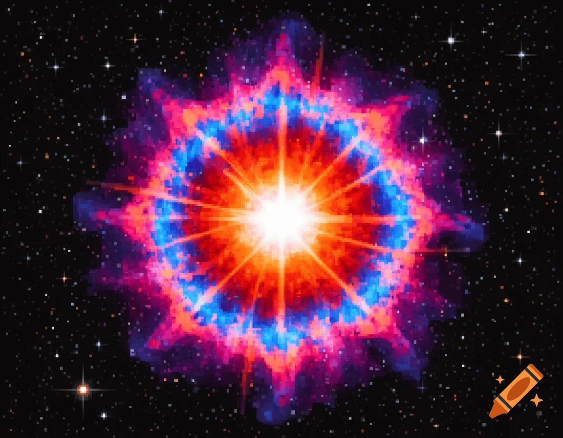 Pixel art depiction of a bright, colorful supernova with an orange and blue core, surrounded by a starry black sky.