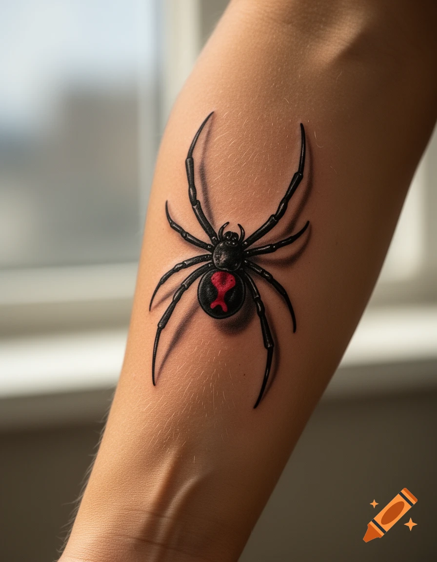 A realistic black widow spider tattoo with a red hourglass on a person's forearm.