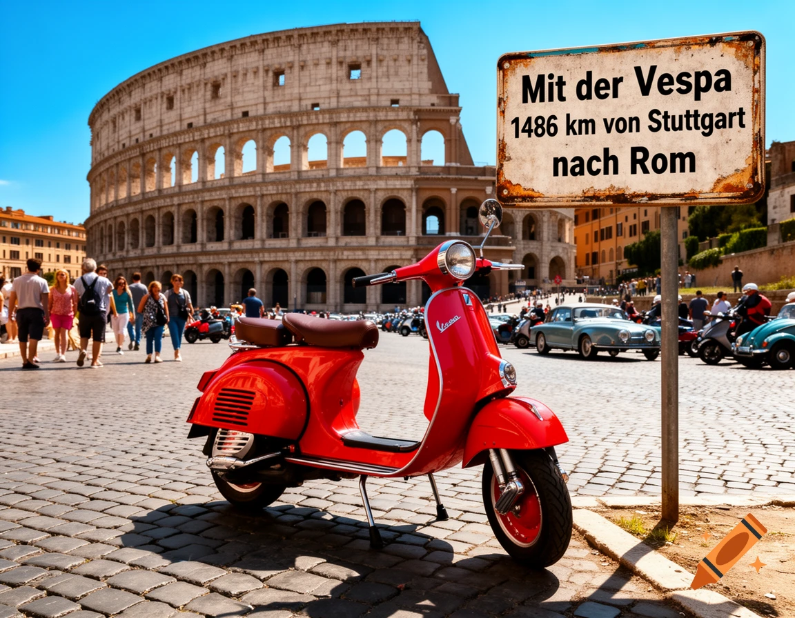 A vibrant red Vespa scooter is parked on a cobblestone street with the ancient Colosseum in the background. A weathered sign reads "Mit der Vespa 1486 km von Stuttgart nach Rom".