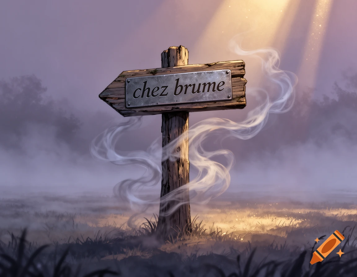 A wooden signpost with 'chez brume' on a metal plaque, surrounded by mist in a fantasy landscape with sunbeams.