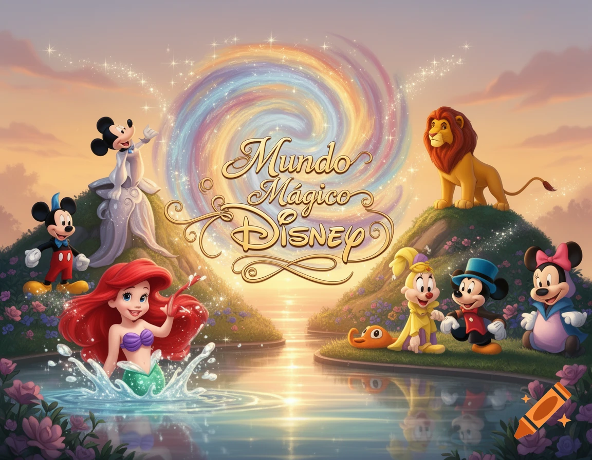 Mickey Mouse, Ariel, and other Disney characters gather around a swirling rainbow vortex with the text "Mundo Mágico Disney" at sunset.