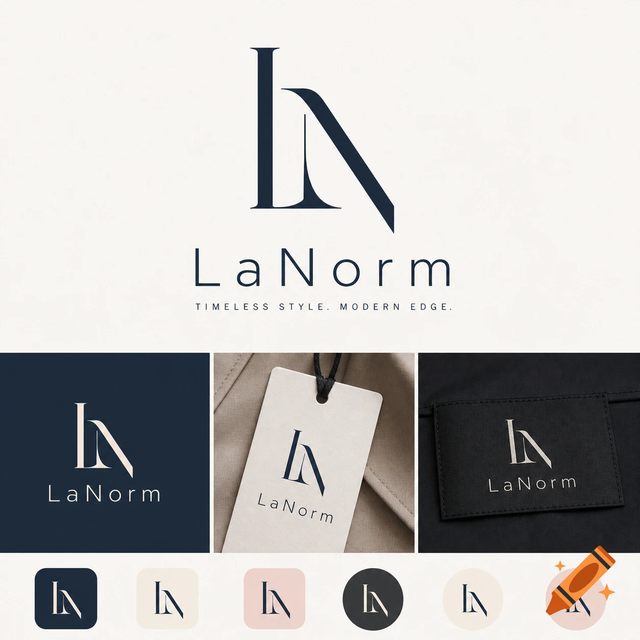 Logo design presentation for LaNorm, featuring an 'LN' monogram and text on various applications like tags and icons.