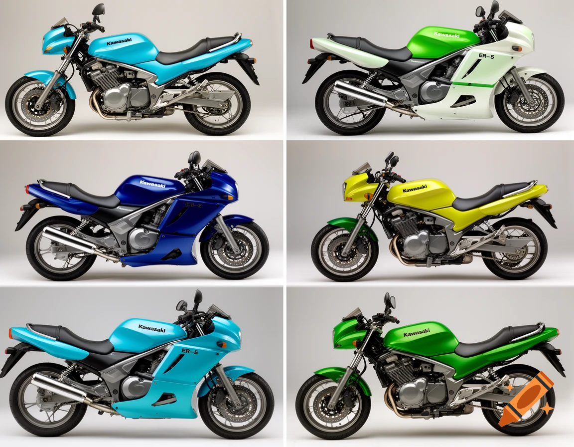 Six photorealistic Kawasaki ER-5 motorcycles in various two-tone designs, displayed against a light background.