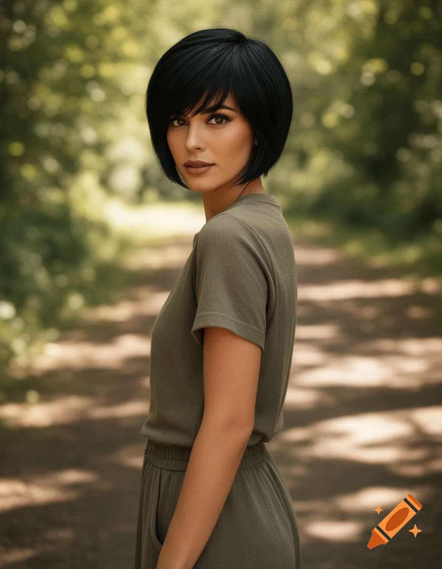 Photorealistic portrait of a woman with short black hair and brown eyes, wearing a green casual outfit, standing on a dirt path in a blurred forest.