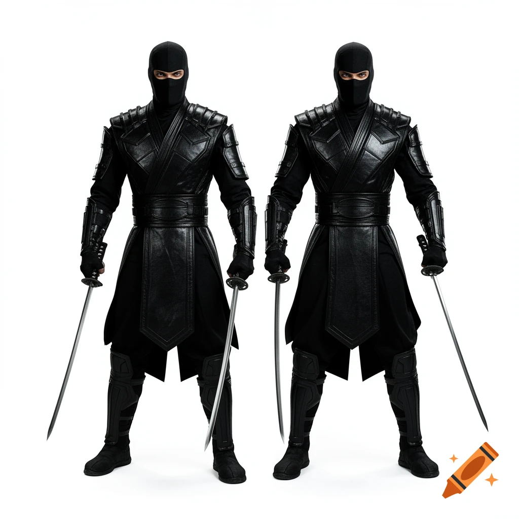 Two identical ninjas in black outfits, balaclavas, and armor stand on a white background, holding katanas in a photorealistic style.