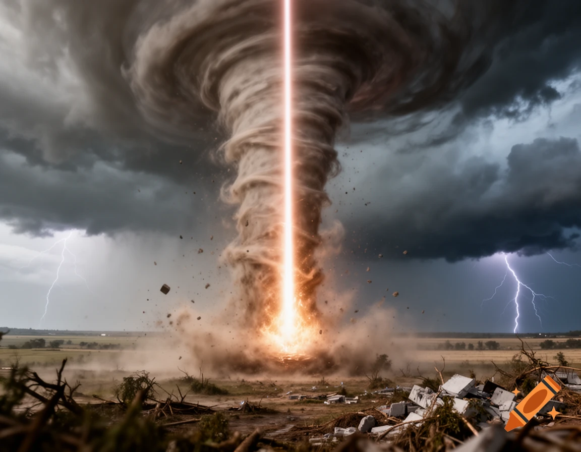 A massive tornado with a bright orange laser beam striking the ground, surrounded by lightning and debris in a stormy rural landscape.