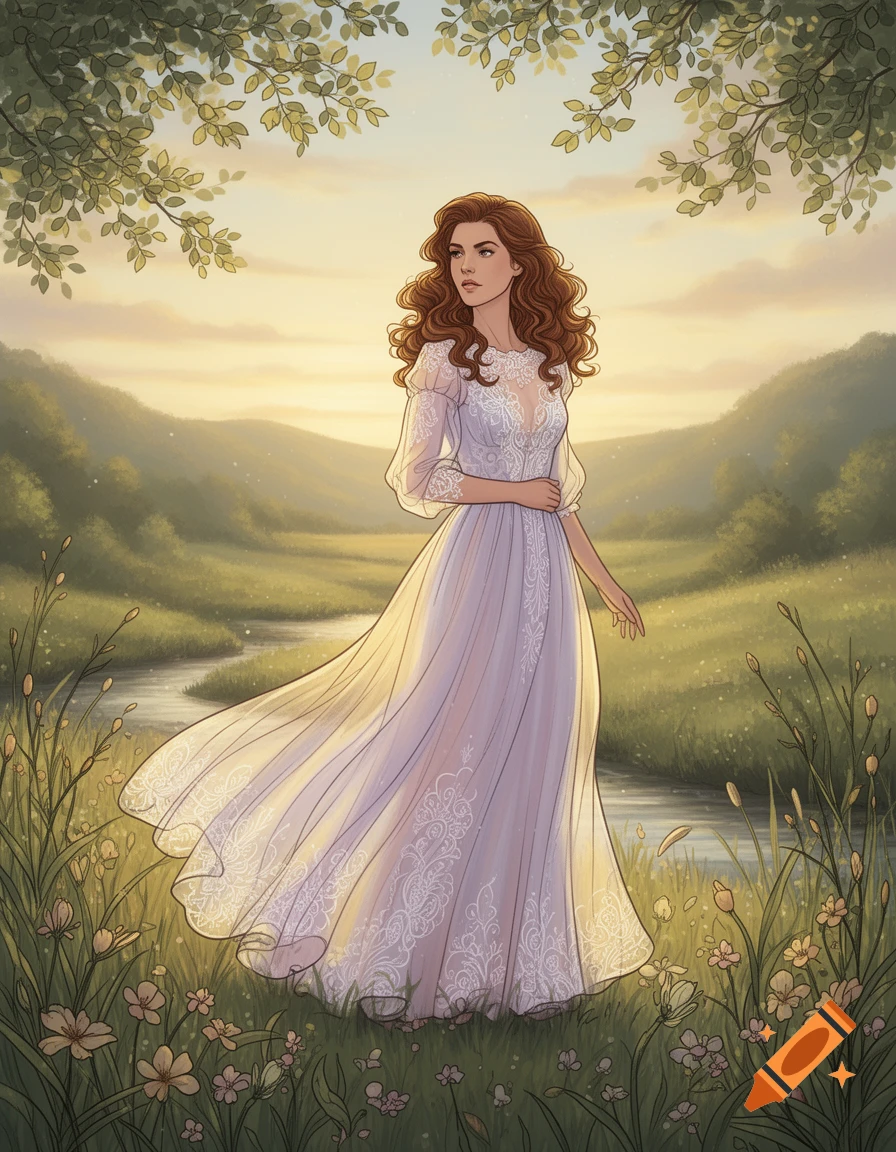 A woman with long brown hair in a white lace dress stands in a flowery field with a stream, surrounded by trees under a sunset sky, in an illustrative style.