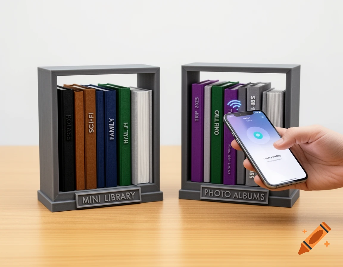 Two gray miniature bookshelves with tiny books on a wooden table, one labeled "MINI LIBRARY," the other "PHOTO ALBUMS." A hand holds a smartphone near the right shelf, displaying a loading screen.