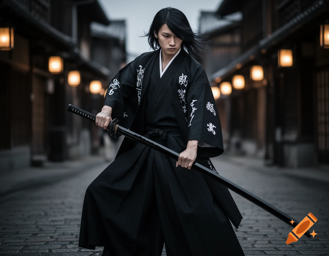 A long-haired person in a black soul reaper kimono and hakama holds a katana in a traditional Japanese street at dusk.