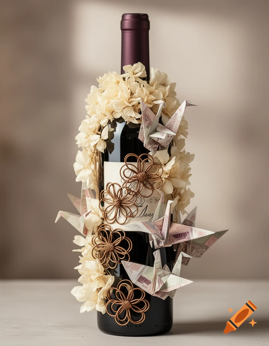 A dark wine bottle is adorned with a wreath of cream-colored dried flowers, copper wire flowers, and paper origami cranes.