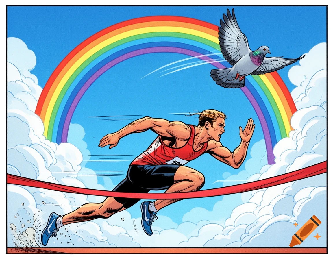 Comic art of a male runner bursting through a finish line, with a pigeon flying above a rainbow and clouds in the blue sky.