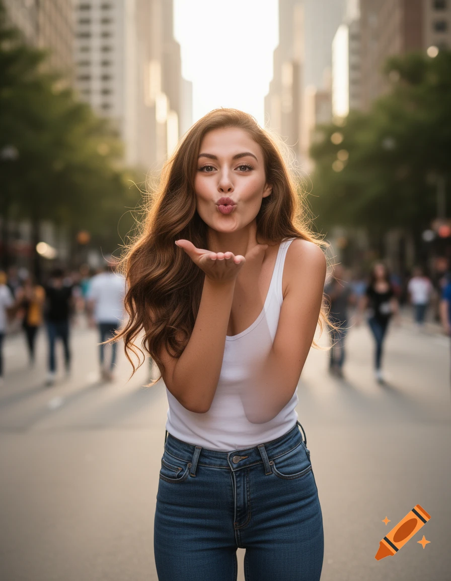 A photorealistic image of a woman in a white tank top and jeans, blowing a kiss on a sunny city street.