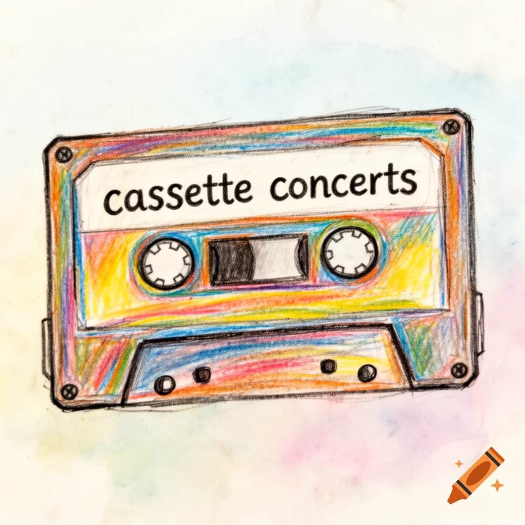 A colorful, hand-drawn cassette tape with 'cassette concerts' written on its label, against a light background.